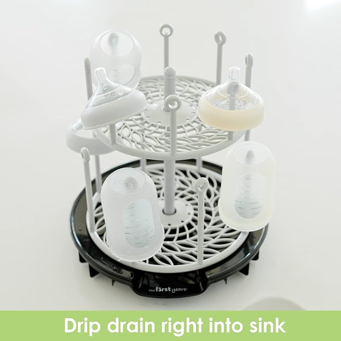 The First Years Spin Stack Bottle Drying Rack - Black - 2-Tier Rotating Countertop Drying Rack for Up to 16 Bottles - Baby Essentials for Everyday Use
