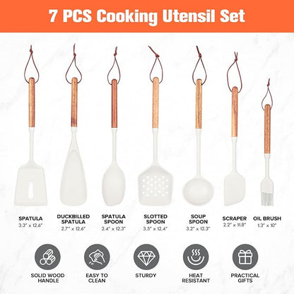 Silicone Cooking Utensils Set of 7 Pack, Wood Handle Heat-Resistant Kitchen Utensils, Non-Stick Cookware Safe - Include Spatula, Spoon, Ladle, Bowl Scraper, Basting Brush for Cooking, Baking (White)