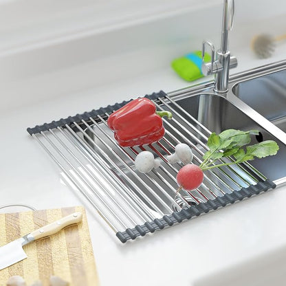 Expandable Roll Up Dish Drying Rack Over The Sink Rack, Large Dish Drainer Rack for Stainless Steel Sinks, Non-Slip Silicone Collapsible Rack 18 Tube for Kitchen, Sliver Gray
