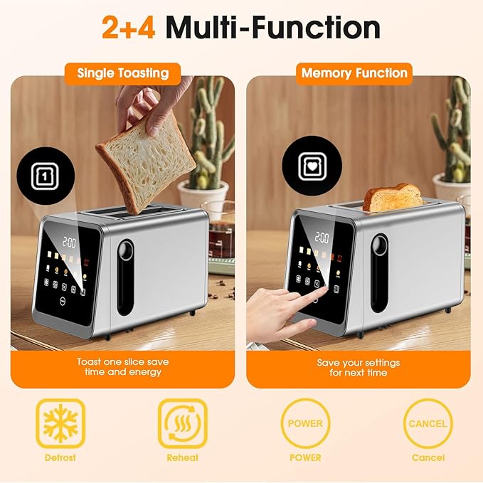 Toaster 2 Slice with Touchscreen, 1.5" Wide Slots & Memory Recall | 900W Stainless Steel Smart Digital Toasters | 6 Shade Settings for Bagels & Thick Bread | Defrost Reheat Single-Slice Mode