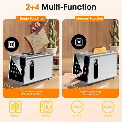 Toaster 2 Slice with Touchscreen, 1.5" Wide Slots & Memory Recall | 900W Stainless Steel Smart Digital Toasters | 6 Shade Settings for Bagels & Thick Bread | Defrost Reheat Single-Slice Mode