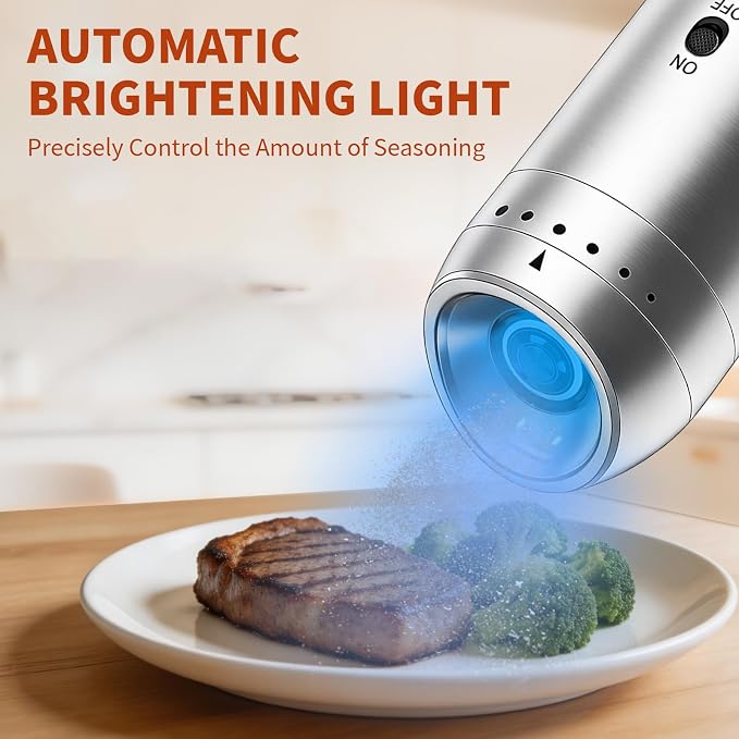 Gravity Salt and Pepper Grinder Set, Automatic Electric Mill Set, Gravity-Sensing, Rechargeable Pepper Grinder Battery Operated, Stainless Steel, Adjustable Coarseness, Kitchen Gadgets Accessories