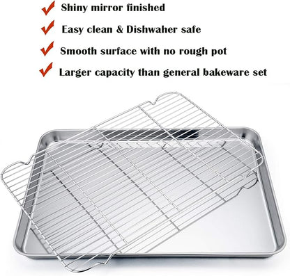 P&P CHEF 19.6 Inch Stainless Steel Baking Sheet with Rack Set (2 Pans+ 2 Racks), Cookie Sheets Baking Trays and Cooling Wire Racks, Oven & Dishwasher Safe, Pans with Flat Racks