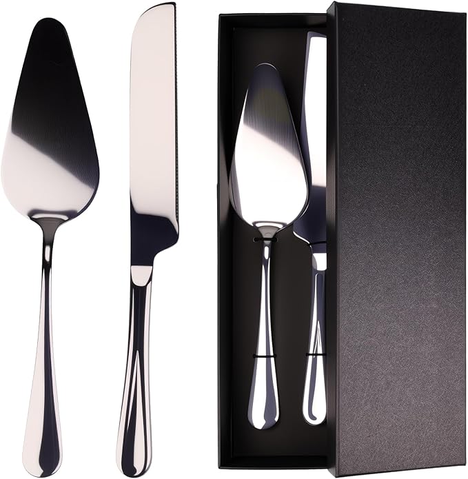 Stainless Steel Cake Knife and Server Set – 2-Piece Wedding Cake Cutting Set with Gift Box – Elegant Pie and Pizza Serving Utensils for Parties, Birthdays, Anniversaries (Silver)