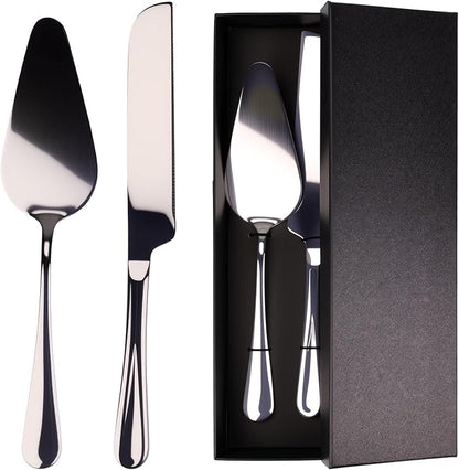 Stainless Steel Cake Knife and Server Set – 2-Piece Wedding Cake Cutting Set with Gift Box – Elegant Pie and Pizza Serving Utensils for Parties, Birthdays, Anniversaries (Silver)