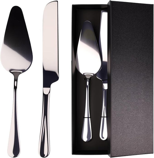 Stainless Steel Cake Knife and Server Set – 2-Piece Wedding Cake Cutting Set with Gift Box – Elegant Pie and Pizza Serving Utensils for Parties, Birthdays, Anniversaries (Silver)