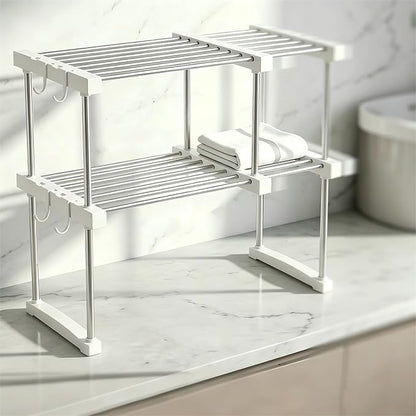 BLULEE Expandable Under Sink Organizer, No-Drill Adjustable Shelf for Heavy Laundry Supplies, Custom Fit Around Pipes Cabinet Rack for Bathroom Vanity and Kitchen Pantry