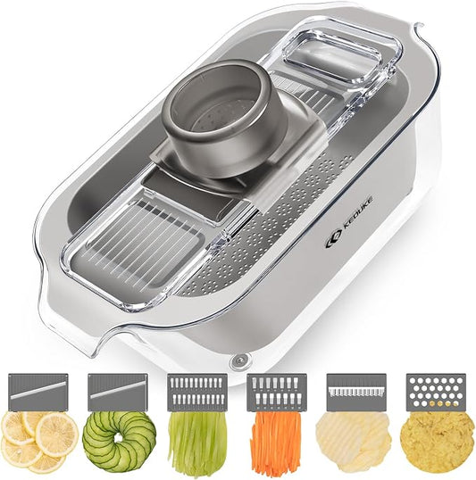 KEOUKE Transparent Multifunctional Mandoline Slicer with Large Strainer - 6 Blades Interchangeable, Handheld Vegetable Cutter with Hand Guard for Kitchen, Onion, Garlic, Safe Food Slicer