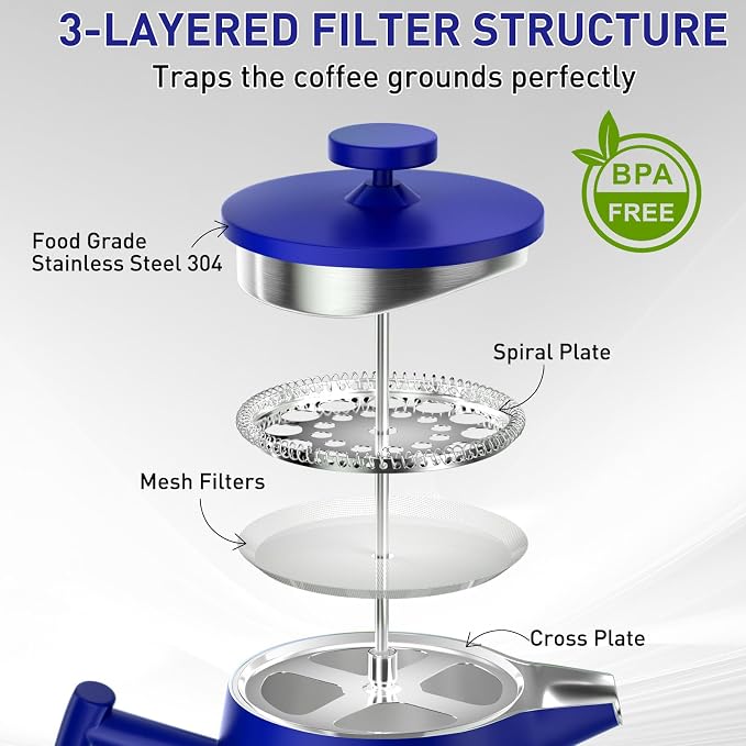 Secura 50oz French Press Coffee Maker – 304 Stainless Steel, Insulated Coffee Press with Extra Filter, Blue