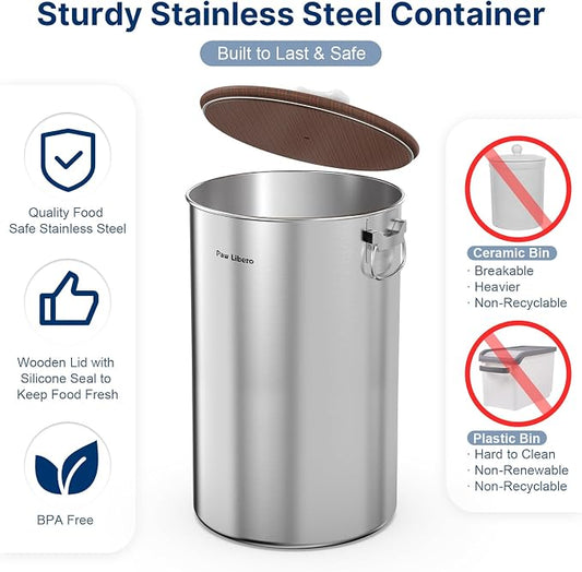 Paw Libero 35 Lbs Stainless Steel Dog Food Storage Container with Airtight Wooden Lid & Ceramic Bone Handle, Large Metal Dog Food Bin, Pet Treat Jars for Dogs & Cats, Keep Fresh, Easy to Clean