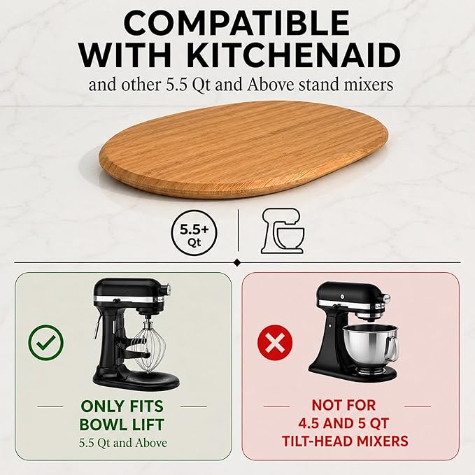 Ibyx Premium Bamboo Mixer Slider for KitchenAid 5-8 Qt Bowl Lift Stand Mixer - Food-Grade Appliance Slider Mat for Kitchen Countertop Storage Accessories (Natural)