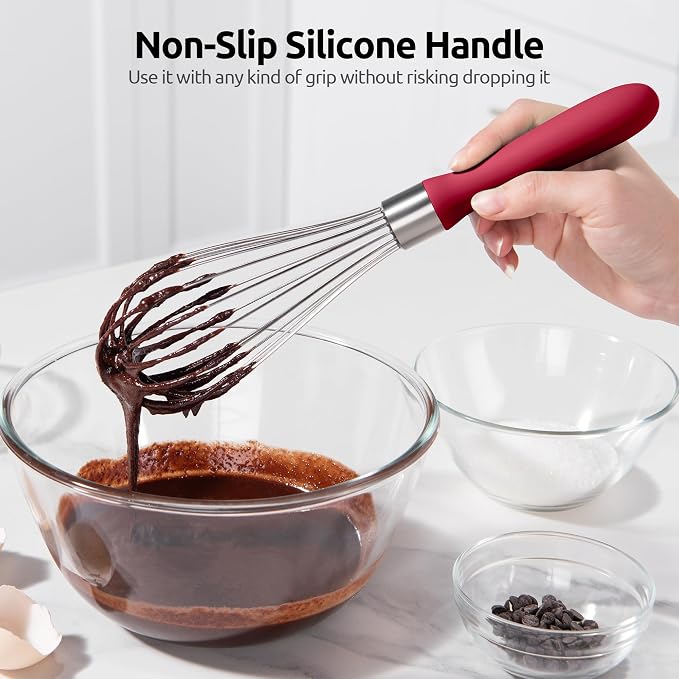U-Taste Balloon Whisk for Cooking: 18/10 Stainless Steel Kitchen Wire Whisk, Medium Heavy Duty Egg Beater, Manual Baking Mixing Tool with 8 High Flex Wires for Stirring, Blending Sauce (Red)