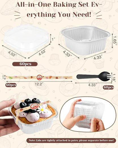 YQER 60 Pack 10oz Mini Cake Pans with Lids, Spoons, Stickers - Disposable Square Brownie Baking Cups - Individual Small Aluminum Foil Loaf Tins for Muffin, Ramekins, Cupcake - White Valentines, Sliver