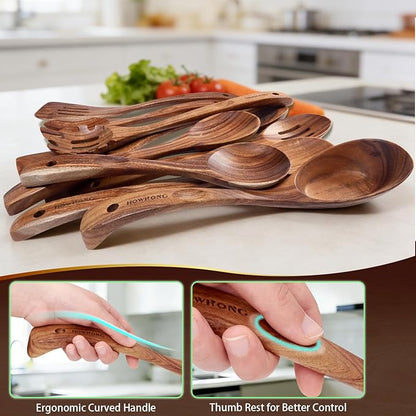 HOWHONG Wooden Cooking Utensils Set, Acacia Wood Wooden Spoons for Cooking with Thumb Rest, Ergonomic Curved Handle, Smooth Finish, Nonstick Safe, Gift Ready