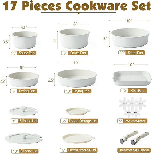 SENSARTE 17 Piece Pots and Pans Set, Nonstick Detachable Handle Cookware Set, Induction Kitchen Cookware Set with Removable Handle, Healthy Non Stick for RV, Dishwasher ＆ Oven Safe, PFOA Free (White)