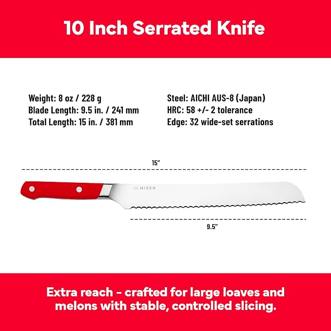 Misen Serrated Bread Knife - High-Carbon Japanese AUS8 Steel - Perfect for Soft Foods, Bread, Pastries, and Fruits - Verstatile Slicer, Razor-Sharp Edge, Durable Blade, Ergonomic Handle - 10", Red
