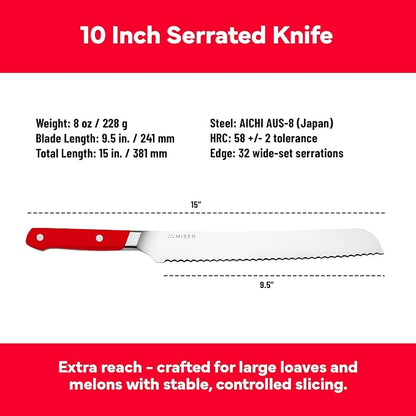 Misen Serrated Bread Knife - High-Carbon Japanese AUS8 Steel - Perfect for Soft Foods, Bread, Pastries, and Fruits - Verstatile Slicer, Razor-Sharp Edge, Durable Blade, Ergonomic Handle - 10", Red