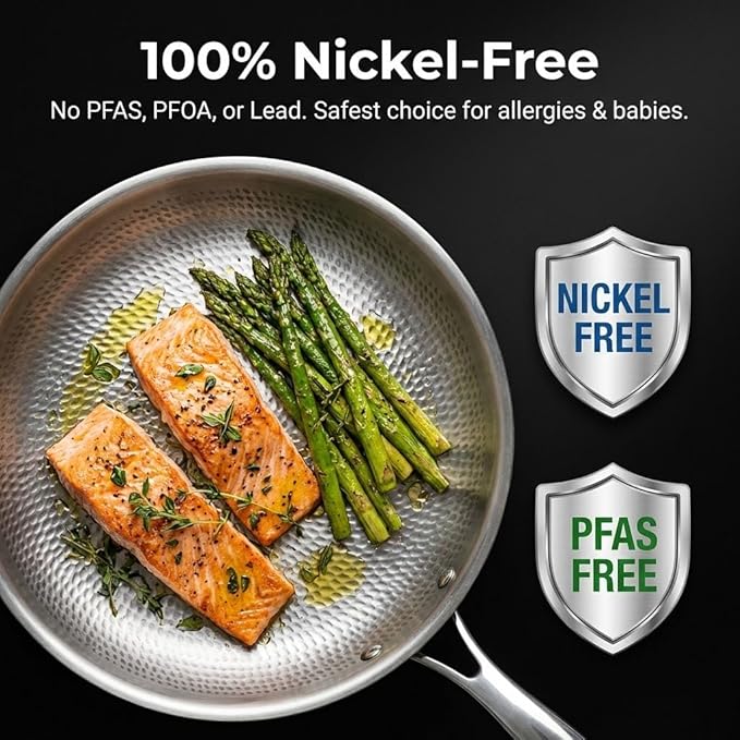 Titanium Frying Pan with Lid, 11.8" Uncoated Hammered Skillet for Cooking, PFAS/PFOA/PTFE Free Nonstick Cookware, Scratch Resistant, for Induction & Gas, Oven, Dishwasher Safe