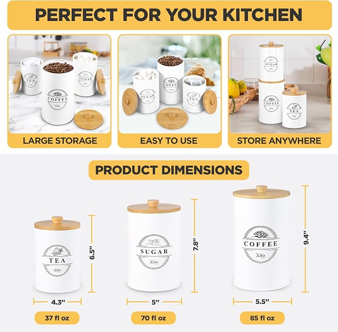 Kito LIVING Canisters Sets for Kitchen Counter Storage and Organization with Wooden Bamboo Lids, Food Pantry Containers, Stackable Steel Storage Bins, Airtight Sugar Tea Coffee Canisters - White