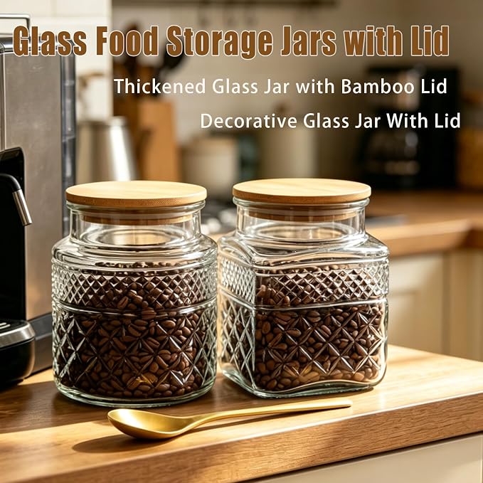 Viovian Decorative Glass Jar with Lid and Spoon 38 OZ Square Thick Glass Storage Jars Airtight Lids Clear Vintage Canister Container for Food Candy Cookie Sugar Coffee Tea Nuts Snack Dog Treat