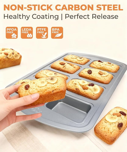Bake Choice Mini Loaf Pan, 8-Cavity Non-Stick Carbon Steel Baking Pans Set for Banana Bread, Cornbread, Cheesecake, Muffins, Pound Cake, Small Meatloaf, Bread Pan