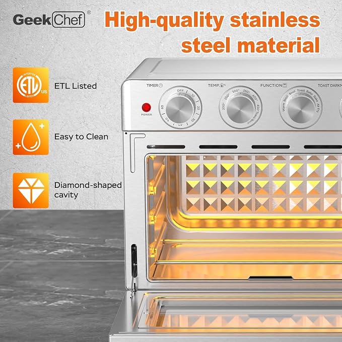 Geek Chef 26 QT Air Fryer Oven, Big Air Fryer, Toast Oven with Bake, Roast, Pizza, Easy to Use & Clean, Stainless Steel