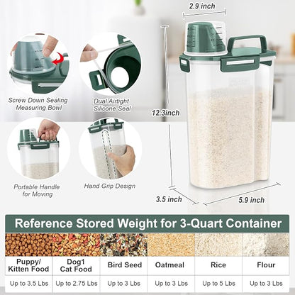 TBMax Rice Storage Container 3 to 5 Lbs - Small Pet Dog Cat Food Container Dispenser with Easy Pouring Spout & Cup, Portable Cereal Container for Small Spaces, Travel, or Daily Use -Dark Green