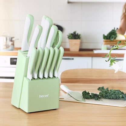 hecef 15 Pieces Kitchen Knife Set with Built-in Sharpening Wooden Block, Dishwasher Safe, High Carbon Stainless Steel Knife Block Set with Steak Knives, Kitchen Scissors, Green