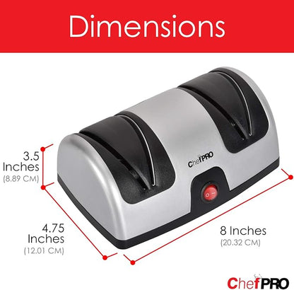 ELECTRIC KITCHEN KNIFE SHARPENER AND POLISHING SYSTEM by CHEF PRO, 2-Stage Sharpening, Compact And Easy-to-Use Design, Suction Cup Bottom and Easy Cleaning, Black-Silver
