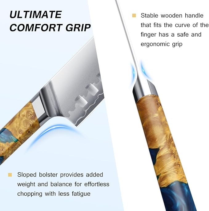 FINTISO Santoku Knife 7 inch Kitchen Knife S35VN Powder Steel Core for Meats Vegetables, 7-Layers Clad Steel Japanese Chef Knife Super Sharp Chopping Knife with Celestial Resin & Wood Handle Best Gift