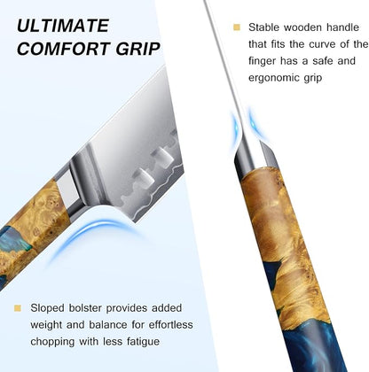 FINTISO Santoku Knife 7 inch Kitchen Knife S35VN Powder Steel Core for Meats Vegetables, 7-Layers Clad Steel Japanese Chef Knife Super Sharp Chopping Knife with Celestial Resin & Wood Handle Best Gift
