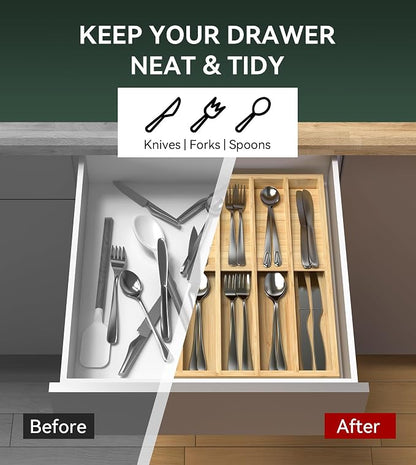 Silverware Drawer Organizer for Kitchen Utensil,Bamboo 10 Slot | 16”Dx12.3”Wx1.7”H, Vertical Storage, Cutlery Tray Dividers for Spoons Forks Knives