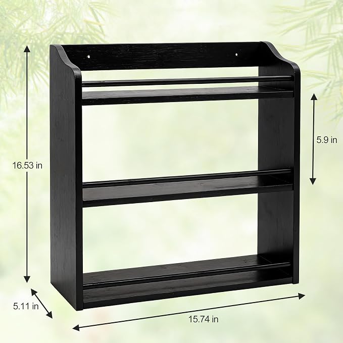 3 Tier Bamboo Spice Rack,Seasoning Jars Rack Shelf Spice Organizer for Kitchen Counter or Wall Mounting (Black)