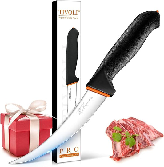 TIVOLI 6 Inch Curved Boning Knife - Butcher Knife with Ergonomic Non-Slip Softgrip & German Stainless Steel Razor Sharp Blade For Meat or Fish Deboning Filleting - Gift for Men Women