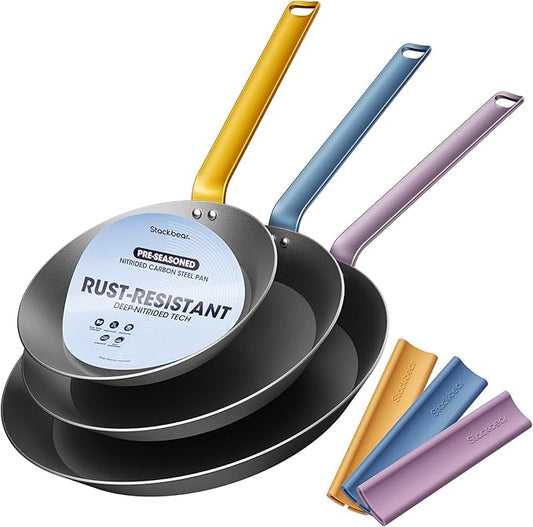 Carbon Steel Frying Pan Set 8"/10"/12", Preseasoned Skillet Trio, Nitrided Rust Resistant Kitchen Cooking Set, Induction & Oven Safe