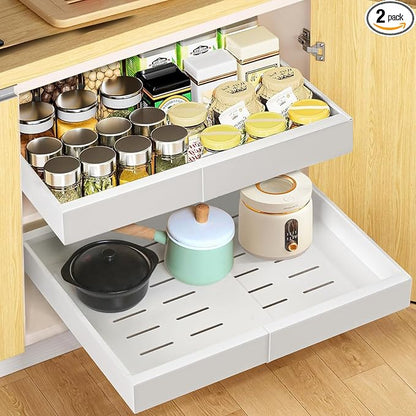 Ancaixin Pull Out Cabinet Organizer, 2PC 21" Deep Expandable (12"-21") Pull Out Drawers for Cabinets with Adhesive, Slide Out Drawers Roll Out Shelf for Kitchen, Bathroom, Under Sink Storage(White)