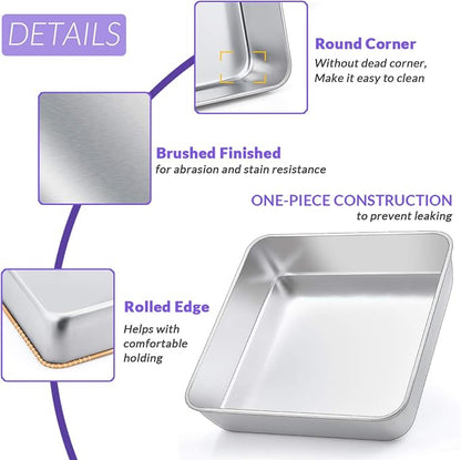 8 x 8-Inch Baking Pan, E-far Square Cake Brownie Baking Pans Stainless Steel Bakeware Set of 3, Fits in Small Toaster Oven, Non-toxic & Dishwasher Safe
