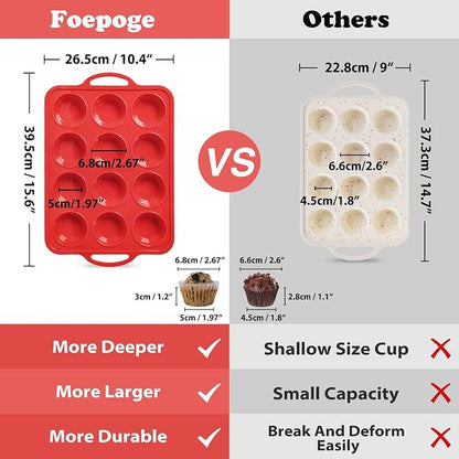 2 Pack Silicone Muffin Pan with Metal Frame, Non-stick Regular Silicone Cupcake Pan with Handles 12 Cup, Silicon Muffin Tin Tray for baking, egg bites, Cupcake Mold, BPA Free Red