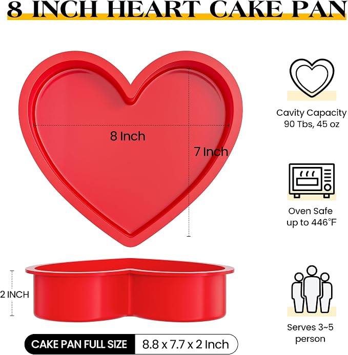 8 Inch Silicone Heart Shaped Cake Pans Small Heart Cake Pan Set Nonstick Silicone Heart Molds for Baking (2 Pcs, Red)
