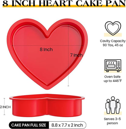 8 Inch Silicone Heart Shaped Cake Pans Small Heart Cake Pan Set Nonstick Silicone Heart Molds for Baking (2 Pcs, Red)