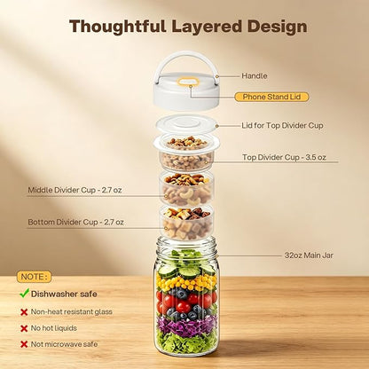 CLEANGOR 4 Pack 32 oz Glass Salad Jars Meal Prep Containers, Leakproof Mason Jars with Handle, 3 Built-in Divider Cups Wet/Dry Separation for Dressing Nuts Dry Ingredients, Ideal for Office Lunch Gym