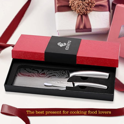 2 Pieces Chopping Knife and Fruit Knife Kitchen knives Set Damascus Pattern Chinese Cleaver Paring knives with Hollow Handle