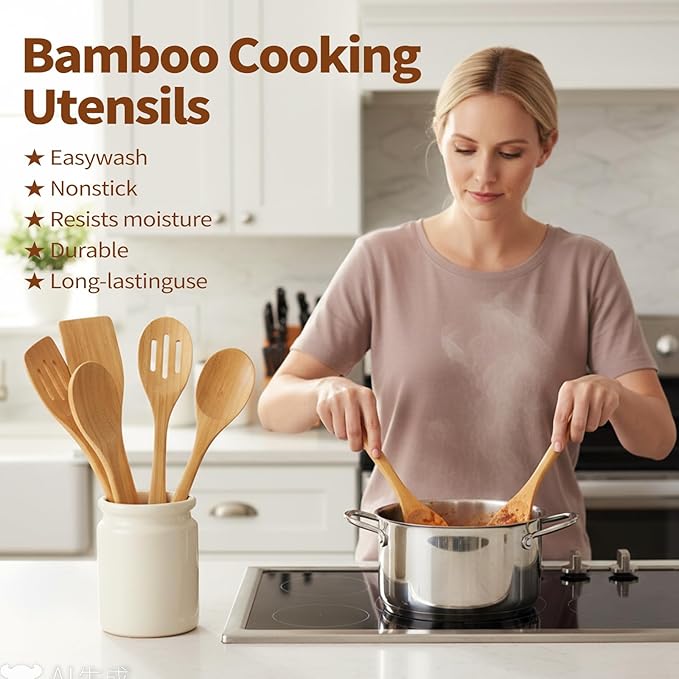 Premium Bamboo Utensils - Smooth Bamboo Spoons for Cooking,Wooden Cooking Utensils Set of 5,Apartment Bamboos Spatula for Nonstick Pan,House Warming Gifts New Home