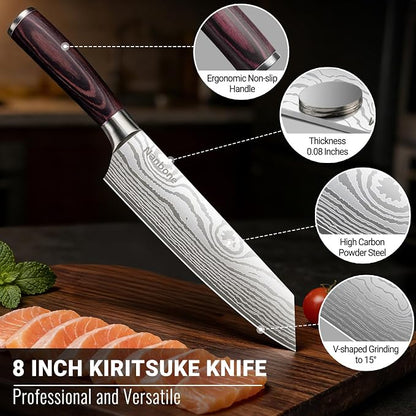 8 Inch Kiritsuke Knife Japanese Chef Knife for Home Kitchen Sushi Fish Meat High Carbon Stainless Steel Kitchen Knife Ultra Sharp Cooking Knives with Ergonomic Handle, Great Gift for Men Women