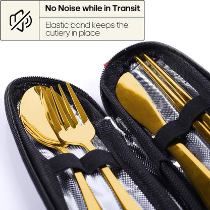 Travel Utensils with Case, Quatish Portable Silverware Set for Work, Stainless Steel Reusable Travel Cutlery, Fork and Spoon Set for Camping, Picnic, Gadgets, Lunch Box for Men, Christmas Gift, Gold