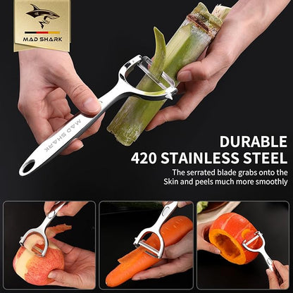 MAD SHARK Ultra Sharp Vegetable Peelers for Kitchen Fruit Apple Potato Peelers,Design with Ergonomic Non-Slip Handle, Y+I Shaped Stainless Steel Serrated(2pc）