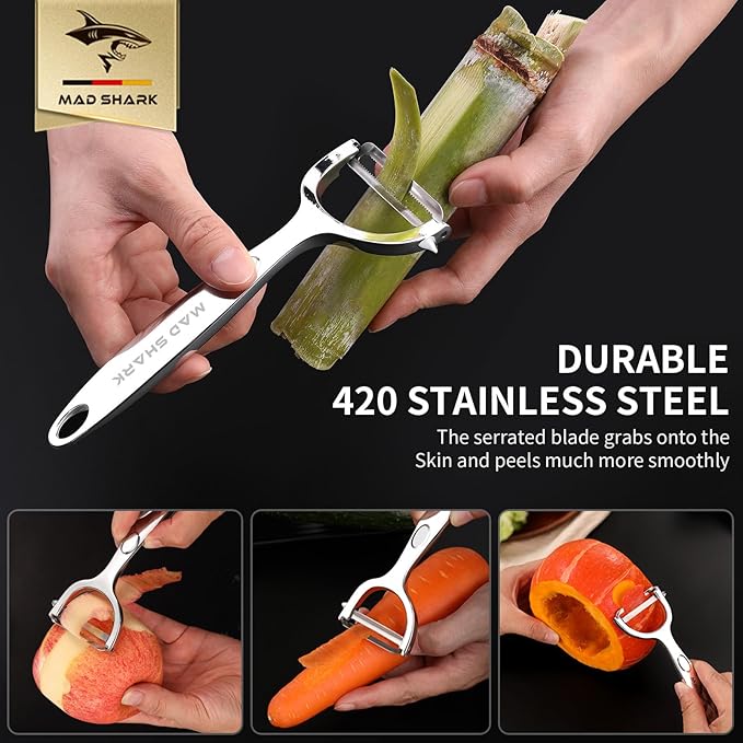 MAD SHARK Ultra Sharp Vegetable Peelers for Kitchen Fruit Apple Potato Peelers,Design with Ergonomic Non-Slip Handle, Y-Shaped Stainless Steel Serrated（Flat&Serrated Blade 2pc）