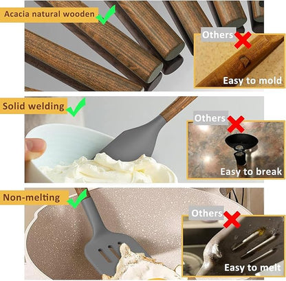 Umite Chef Silicone Cooking Utensil Set, 8-Piece Kitchen Utensils Set with Natural Acacia Wooden Handles,Food-Grade-Silicone Kitchen Gadgets and Spatula Set for Nonstick Cookware - Grey