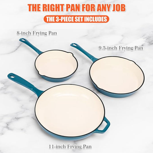 QuliMetal Nonstick Enameled Cast Iron Skillet Set (8", 9.5", 11") - Healthy Non-Toxic, PFOA/PFAS/PTFE-Free, All Stovetops Compatible, Light Cyan, 3-Pieces