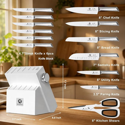 imarku 14-Piece Knife Set with Block, Built-in Sharpener, High Carbon Stainless Steel Kitchen Knives, Dishwasher Safe, Rust Resistant, Non-Slip Handle – Gift for Home Cooks & Chefs, White